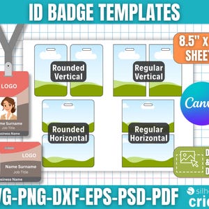 Puede incluir: Plantillas de tarjetas de identificación con diseños "Rounded Vertical", "Regular Vertical", "Rounded Horizontal" y "Regular Horizontal". Incluye texto "8.5" x 11" SHEETS" y "DRAG & DROP DESIGN". Formatos: SVG-PNG-DXF-EPS-PSD-PDF.