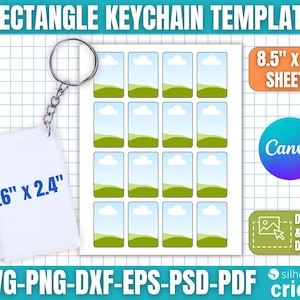 Puede incluir: Una plantilla de llavero rectangular blanco con una cadena plateada, que mide 4,1 cm x 6,1 cm. La imagen incluye una hoja de 12 diseños rectangulares con una escena de paisaje. El texto incluye "RECTANGLE KEYCHAIN TEMPLATE" y "8.5" x 11" SHEETS".