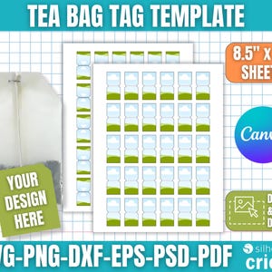 以下が含まれることがあります： 「TEA BAG TAG TEMPLATE」のテキストが入ったティーバッグタグテンプレート。画像にはティーバッグ、タグのシート、そして「YOUR DESIGN HERE」と書かれた緑色のタグが含まれています。テンプレートは21.6 cm x 27.9 cmのシート用で、Canvaと互換性があります。