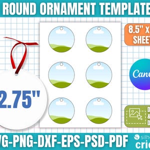 May include: White round ornament template with a red ribbon, measuring 7 cm. The image includes a sheet of six round templates with a landscape design, and text that reads "3 ROUND ORNAMENT TEMPLATES" and "8.5" x 11" SHEETS".