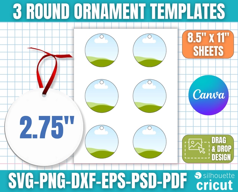 May include: White round ornament template with a red ribbon, measuring 7 cm. The image includes a sheet of six round templates with a landscape design, and text that reads "3 ROUND ORNAMENT TEMPLATES" and "8.5" x 11" SHEETS".