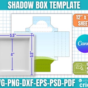 Pode incluir: Um modelo de caixa de sombra branca com dimensões de 14 cm por 14 cm e uma profundidade de 10 cm. O design inclui um modelo para uma caixa de sombra, com o texto "SHADOW BOX TEMPLATE" no topo. A imagem também inclui o texto "12" x 12" SHEETS".