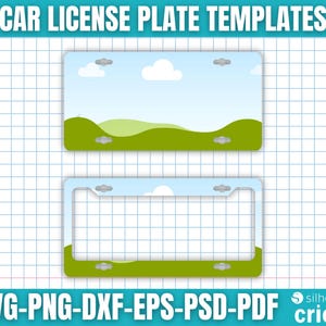 K&ouml;nnte beinhalten: Zwei Kfz-Kennzeichenvorlagen mit Landschaftsdesign. Die obere Platte hat einen blauen Himmel mit Wolken und gr&uuml;nen H&uuml;geln. Die untere Platte ist ein Rahmen mit dem gleichen Landschaftsdesign. Der Text oben lautet "CAR LICENSE PLATE TEMPLATES".