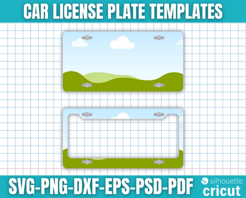 K&ouml;nnte beinhalten: Zwei Kfz-Kennzeichenvorlagen mit Landschaftsdesign. Die obere Platte hat einen blauen Himmel mit Wolken und gr&uuml;nen H&uuml;geln. Die untere Platte ist ein Rahmen mit dem gleichen Landschaftsdesign. Der Text oben lautet "CAR LICENSE PLATE TEMPLATES".