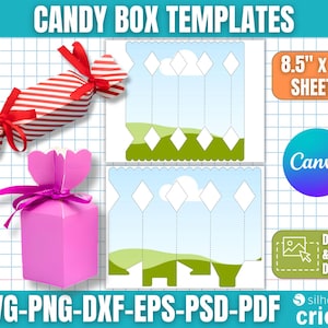 May include: Image features candy box templates with a red and white striped candy, a pink heart-shaped box, and design templates. The text includes "CANDY BOX TEMPLATES", "8.5" x 11" SHEETS", "Canva", "DRAG & DROP DESIGN", and "SVG-PNG-DXF-EPS-PSD-PDF".