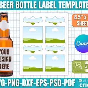 Pode incluir: Uma garrafa de cerveja ao lado de uma folha de modelos de etiquetas. Os modelos de etiquetas são para folhas de 21,6 cm x 28 cm e incluem o texto "YOUR DESIGN HERE". A imagem também inclui o texto "Canva" e "DRAG & DROP DESIGN".