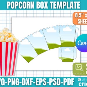 May include: A popcorn box template with a red and white striped popcorn container filled with popcorn. The template includes a design with a sky and green hills, and the text "POPCORN BOX TEMPLATE". The template is designed for 8.5" x 11" sheets.
