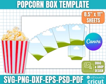 May include: A popcorn box template with a red and white striped popcorn container filled with popcorn. The template includes a design with a sky and green hills, and the text "POPCORN BOX TEMPLATE". The template is designed for 8.5" x 11" sheets.