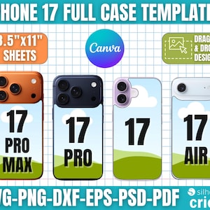 Op de afbeelding: Afbeelding met iPhone 17 volledige case templates. Vier telefoonhoesjes met het nummer 17, en de woorden "PRO MAX" en "AIR". De tekst bevat "8.5"x11" SHEETS", "Canva", "DRAG & DROP DESIGN", en "SVG-PNG-DXF-EPS-PSD-PDF".