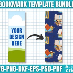 May include: A bookmark template bundle with two designs. One bookmark features a sky and field design with the text "YOUR DESIGN HERE". The other bookmark has a pattern of books, coffee cups, and glasses on a dark blue background. The image includes the text "BOOKMARK TEMPLATE BUNDLE" and file type information.