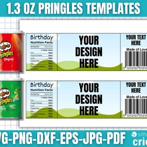 May include: A template design for Pringles snack cans, featuring two cans, one red and one green, alongside a printable label. The label includes space for custom designs, text, and a barcode. The text "1.3 OZ PRINGLES TEMPLATES" is at the top.