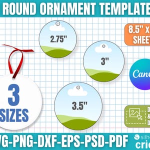 Könnte beinhalten: Bild von drei runden Ornamentvorlagen in den Größen 2,75", 3" und 3,5" (ca. 7, 7,6 und 8,9 cm). Der Text "3 GRÖSSEN" und "SVG-PNG-DXF-EPS-PSD-PDF" sind enthalten. Zusätzlicher Text umfasst "8.5" x 11" SHEETS", "Canva" und "DRAG & DROP DESIGN".