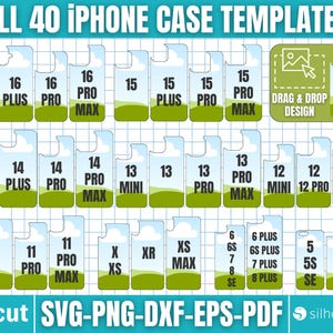 以下が含まれることがあります： 40種類のiPhoneケーステンプレートを示すグラフィック。画像には、「16 Pro Max」、「15 Plus」、「13 Mini」などのラベルが付いたさまざまな電話ケースの輪郭が表示されています。「Drag & Drop Design」とファイルタイプのオプション（SVG、PNG、DXF、EPS、PDF）が含まれています。