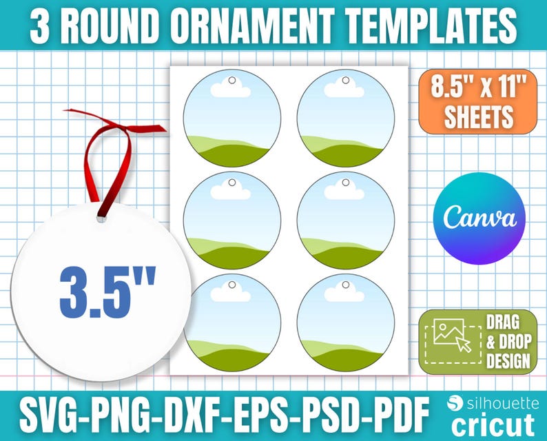 May include: White round ornament template with a red ribbon, measuring 8.9 cm. The image also shows a sheet of six round templates with a landscape design, and the text "3 ROUND ORNAMENT TEMPLATES". The sheet size is 21.6 cm x 28 cm.