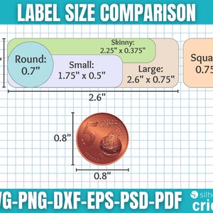 May include: A label size comparison chart showing various shapes and sizes, including round, small, skinny, large, and square. Measurements are in inches, with a 0.7-inch round label and a 2.6-inch long label. A coin is included for size reference.
