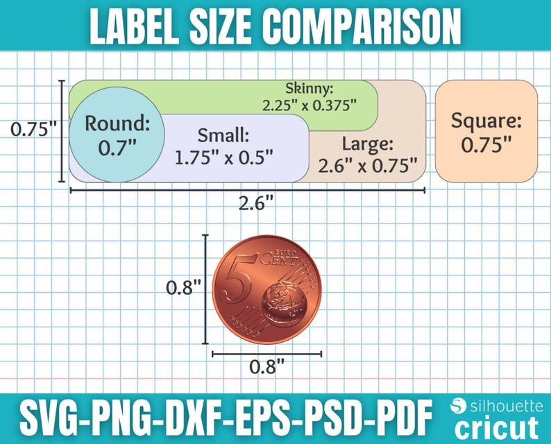 May include: A label size comparison chart showing various shapes and sizes, including round, small, skinny, large, and square. Measurements are in inches, with a 0.7-inch round label and a 2.6-inch long label. A coin is included for size reference.
