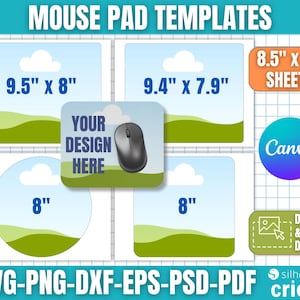 以下が含まれることがあります： 様々な形状とサイズのマウスパッドテンプレートの画像。 24.1cm x 20.3cmと23.9cm x 20.1cmの長方形パッド、直径20.3cmの円形パッドが含まれています。「YOUR DESIGN HERE」のテキストが表示されています。
