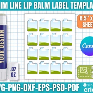 May include: A template for slim line lip balm labels. The image includes a lip balm tube with "YOUR DESIGN" text, a .07 oz lip balm, and a sheet of label templates. The image also includes the text "8.5" x 11" SHEETS", "Canva", and "DRAG & DROP DESIGN".