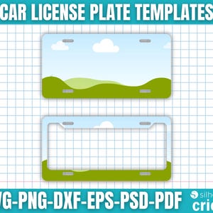 K&ouml;nnte beinhalten: Zwei Kfz-Kennzeichenvorlagen mit Landschaftsdesign. Die obere Platte ist ein fester Rechteck mit blauem Himmel, wei&szlig;en Wolken und gr&uuml;nen H&uuml;geln. Die untere Platte ist ein Rahmen mit dem gleichen Design. Der Text oben lautet "CAR LICENSE PLATE TEMPLATES".