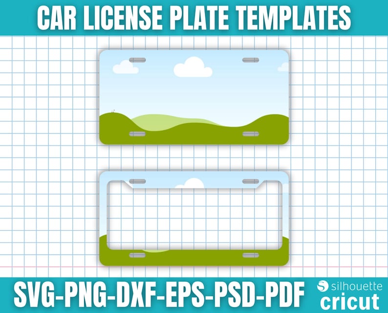 K&ouml;nnte beinhalten: Zwei Kfz-Kennzeichenvorlagen mit Landschaftsdesign. Die obere Platte ist ein fester Rechteck mit blauem Himmel, wei&szlig;en Wolken und gr&uuml;nen H&uuml;geln. Die untere Platte ist ein Rahmen mit dem gleichen Design. Der Text oben lautet "CAR LICENSE PLATE TEMPLATES".