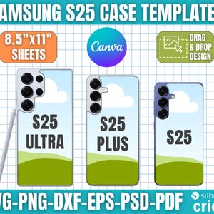 以下が含まれることがあります： Samsung S25ケーステンプレートの画像。S25 Ultra、S25 Plus、S25の3つの携帯電話ケースのデザインが含まれています。ケースは空と風景のデザインが特徴です。画像には「8.5インチx11インチSheets」、「Canva」、「Drag & Drop Design」の文字も含まれています。