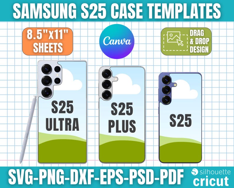 Może przedstawiać: Obraz szablon&oacute;w etui Samsung S25. Obraz zawiera trzy projekty etui na telefony: S25 Ultra, S25 Plus i S25. Etui mają wz&oacute;r nieba i krajobrazu. Obraz zawiera r&oacute;wnież tekst "8.5"x11" Sheets", "Canva" i "Drag & Drop Design".