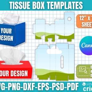 May include: Image featuring tissue box templates with the text "YOUR DESIGN" on blue and red boxes. Includes a template layout and the text "12" x 12" SHEETS". Also includes the text "SVG-PNG-DXF-EPS-PSD-PDF" and "DRAG & DROP DESIGN".