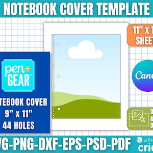 Könnte beinhalten: Eine Notizbuch-Cover-Vorlage mit blauem und weißem Design. Die Vorlage enthält den Text "NOTEBOOK COVER" und die Maße 22,86 cm x 27,94 cm mit 44 Löchern. Zusätzlicher Text lautet "27,94 cm x 35,56 cm SHEETS" und "DRAG & DROP DESIGN".