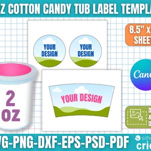 以下が含まれることがあります： 「2 OZ COTTON CANDY TUB LABEL TEMPLATE」のテキストが入った、綿菓子用チューブのラベルテンプレート。綿菓子用チューブ、ラベルデザイン、「YOUR DESIGN」のテキストが含まれています。テンプレートは21.59 cm x 27.94 cmのシート用です。