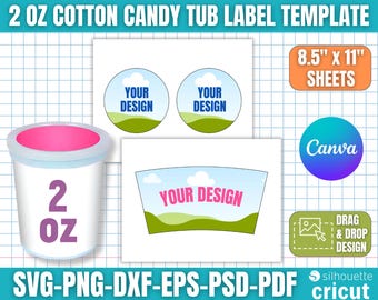 2 Unzen Zuckerwatte Etikettenvorlage, Cotton Candy Wanne Wrapper Vorlage, Zuckerwatte Etikett, Zuckerwatte Aufkleber, Zuckerwatte SVG, Canva Bearbeiten