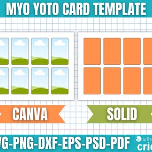 May include: A digital card template with two design options. One features eight rectangular frames with a sky and landscape design, and the other has eight solid orange rectangles. The template includes the text "MYO YOTO CARD TEMPLATE", "CANVA", "SOLID", and file type options.