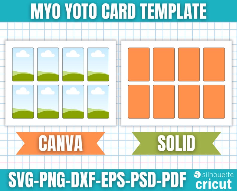 May include: A digital card template with two design options. One features eight rectangular frames with a sky and landscape design, and the other has eight solid orange rectangles. The template includes the text "MYO YOTO CARD TEMPLATE", "CANVA", "SOLID", and file type options.