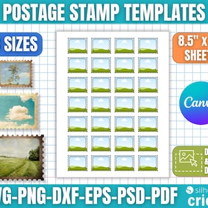 May include: A sheet of postage stamp templates with a grid of blank stamps, each with a sky and landscape design. The sheet is 8.5" x 11" and includes the text "3 Sizes", "Canva", and "Drag & Drop Design". The image also includes the text "SVG-PNG-DXF-EPS-PSD-PDF".