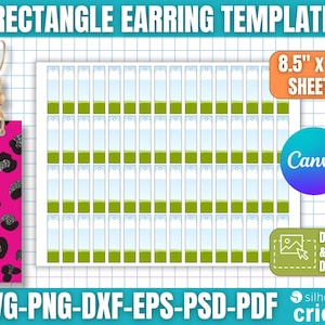 May include: A hot pink rectangle earring template with a leopard print earring and a sheet of earring templates. The template is 21.6 cm x 27.9 cm and includes the text "RECTANGLE EARRING TEMPLATE" and "SVG-PNG-DXF-EPS-PSD-PDF".