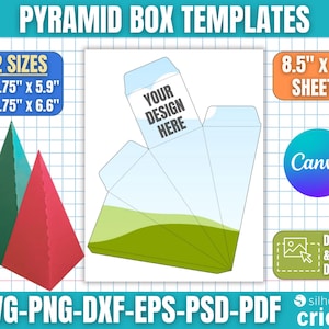 May include: Image of pyramid box templates with the text "PYRAMID BOX TEMPLATES". The image shows two assembled pyramid boxes, one green and one red. The image also shows a flat template with the text "YOUR DESIGN HERE". The image also includes the text "2 SIZES", "8.5" x 11" SHEETS", "Canva", "DRAG & DROP DESIGN", and "SVG-PNG-DXF-EPS-PSD-PDF".