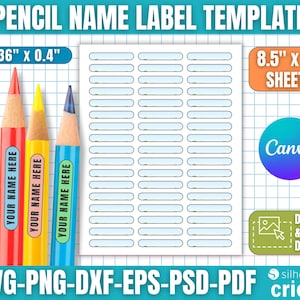 Puede incluir: Una hoja de plantillas de etiquetas con nombres de lápices con una cuadrícula de etiquetas rectangulares. Las etiquetas miden 6 cm x 1 cm cada una y la hoja mide 21,6 cm x 28 cm. Se muestran lápices de colores con el texto "YOUR NAME HERE". Compatible con Canva, Silhouette y Cricut.