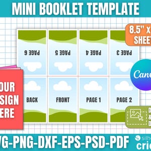 Puede incluir: Una plantilla de mini folleto con un fondo de cuadrícula. El diseño incluye páginas etiquetadas 1-6, frontal y posterior. La plantilla es para hojas de 21,6 x 27,9 cm y es compatible con los formatos Canva, SVG, PNG, DXF, EPS, PSD y PDF. El texto "YOUR DESIGN HERE" es visible.