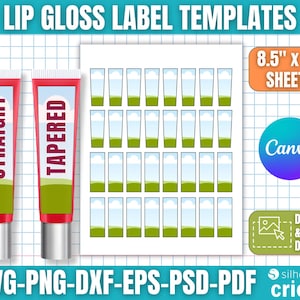 Könnte beinhalten: Lipgloss-Etikettenvorlagen mit den Texten "STRAIGHT" und "TAPERED" auf roten Tuben. Das Bild enthält ein Blatt Etiketten, den Text "8,5" x 11" SHEETS", das Canva-Logo und den Text "DRAG & DROP DESIGN". Das Bild enthält auch den Text "SVG-PNG-DXF-EPS-PSD-PDF".