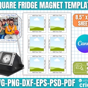 Puede incluir: Una plantilla para imanes de nevera cuadrados, con el texto "SQUARE FRIDGE MAGNET TEMPLATE". La plantilla incluye espacios para fotos y texto, con dimensiones de 6,35 cm x 6,35 cm para cada imán. La imagen también muestra un tamaño de hoja A4.
