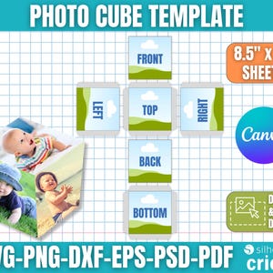 Op de afbeelding: Een fotocubus sjabloon met de tekst "PHOTO CUBE TEMPLATE". De sjabloon bevat secties met de labels "FRONT", "TOP", "BACK", "BOTTOM", "LEFT" en "RIGHT". Het bevat ook de tekst "8,5" x 11" SHEETS", "Canva" en "DRAG & DROP DESIGN". De bestandsformaten zijn SVG, PNG, DXF, EPS, PSD en PDF.