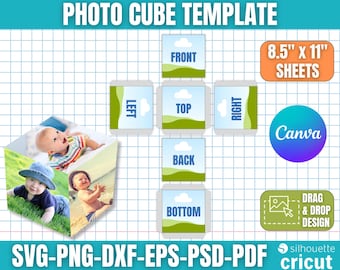 Fotowürfel Vorlage, Benutzerdefinierte Fotowürfelbox, Fotokastenvorlage, 3D Würfelvorlage, Fotowürfelbox, Speicher-Fotowürfel, Box svg, Canva bearbeitbar