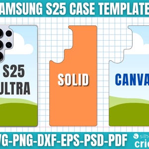 Może przedstawiać: Obraz szablon&oacute;w etui Samsung S25. Obraz przedstawia trzy projekty etui na telefony. Jedno etui jest białe z krajobrazem i tekstem "S25 ULTRA". Drugie jest pomarańczowe z tekstem "SOLID". Trzecie jest białe z krajobrazem i tekstem "CANVA".