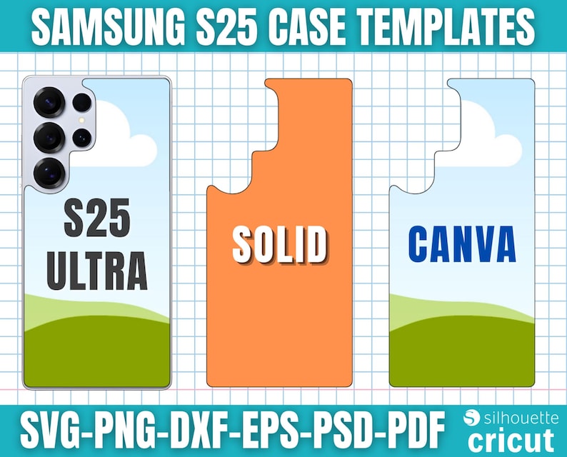 Może przedstawiać: Obraz szablon&oacute;w etui Samsung S25. Obraz przedstawia trzy projekty etui na telefony. Jedno etui jest białe z krajobrazem i tekstem "S25 ULTRA". Drugie jest pomarańczowe z tekstem "SOLID". Trzecie jest białe z krajobrazem i tekstem "CANVA".