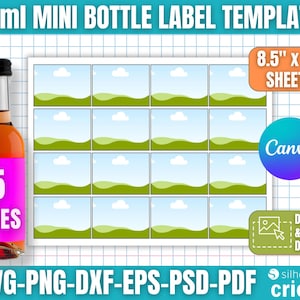 May include: A graphic featuring 50 ml mini bottle label templates. The design includes a bottle with a pink label, the word "SIZES", and a grid of label templates. The image also includes the text "8.5" x 11" SHEETS", "Canva", and "DRAG & DROP DESIGN".