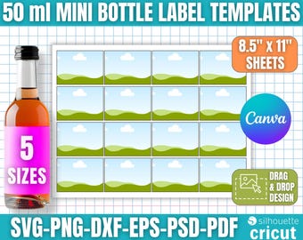May include: A graphic featuring 50 ml mini bottle label templates. The design includes a bottle with a pink label, the word "SIZES", and a grid of label templates. The image also includes the text "8.5" x 11" SHEETS", "Canva", and "DRAG & DROP DESIGN".