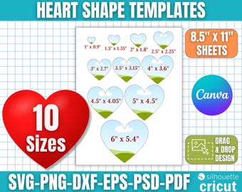 Herzform Vorlage Bundle, Canva Herzrahmen, Herzknopf, Herzetikett, Herzetikett, Herzaufkleber, Herzschnittdatei, Canva Bearbeitbar