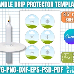 Puede incluir: Una vela blanca con una llama encendida y un protector antigoteo blanco. La imagen también muestra una plantilla con seis diseños circulares con un paisaje con una nube y un copo de nieve. La plantilla es para hojas de 21,59 cm x 27,94 cm y es compatible con Canva, Silhouette y Cricut.