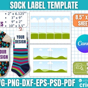 May include: A sock label template with the text "SOCK LABEL TEMPLATE". The design includes templates for sock labels, with sizes of 2" x 6.125", 3" x 9", 9" x 2", and 10" x 3.5". The image also features the Canva and Cricut logos.