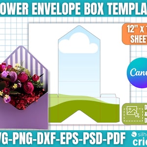 Puede incluir: Una plantilla de caja de sobre de flores moradas con un ramo de flores rojas y moradas. El diseño incluye una ilustración de nube y hierba, y el texto "12" x 12" SHEETS". Compatible con Canva, Cricut y otros programas de diseño.