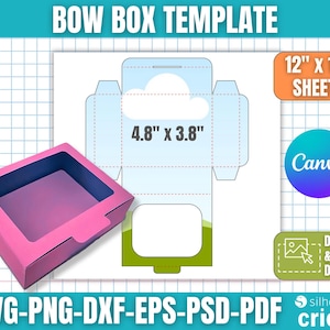 Peut inclure: Un modèle de boîte à nœud rose avec une fenêtre, et un diagramme montrant des dimensions de 12.2 cm x 9.7 cm. Le design est pour des feuilles de 30.5 cm x 30.5 cm et est compatible avec les formats SVG, PNG, DXF, EPS, PSD et PDF. Logos Canva et Cricut.
